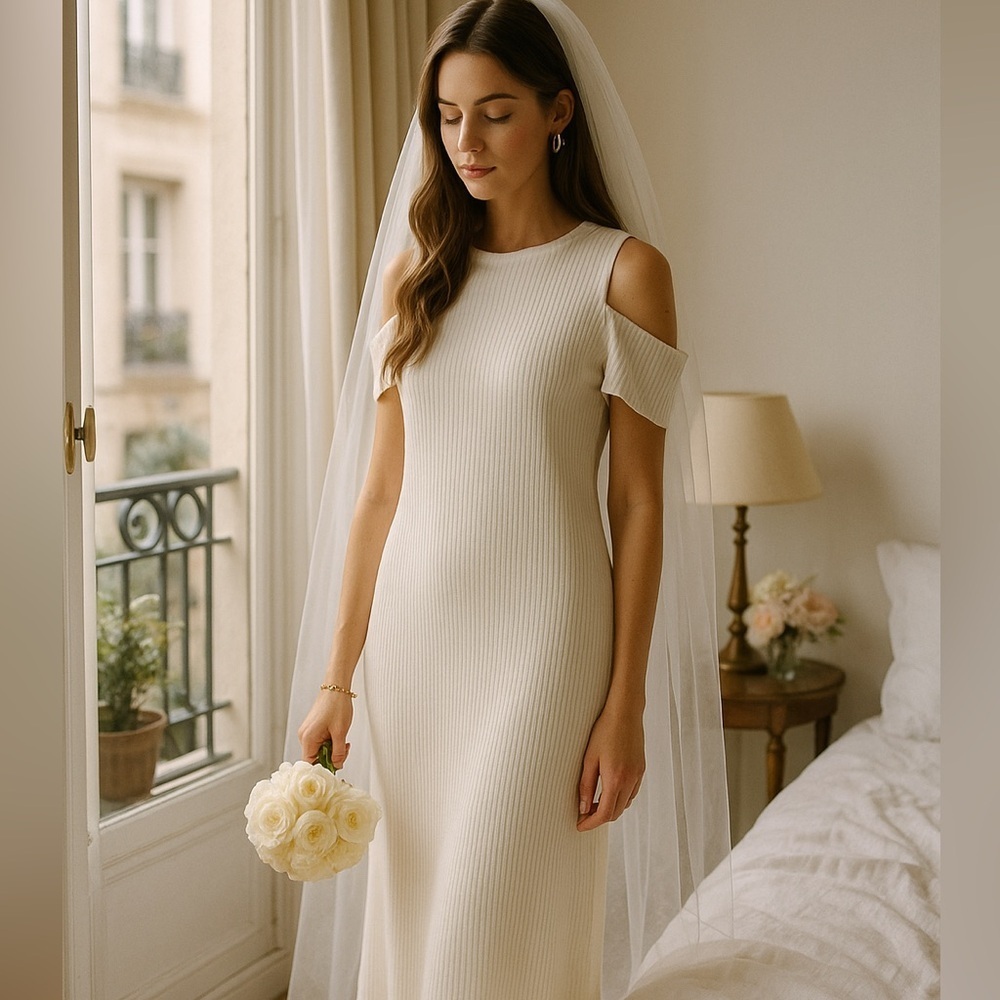Zara Cream Ribbed Cold Shoulder Midi Dress Large | Boho Bridal Chic Elegant